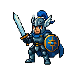 The Knight raising his shield to guard, then slashing overhead with his sword